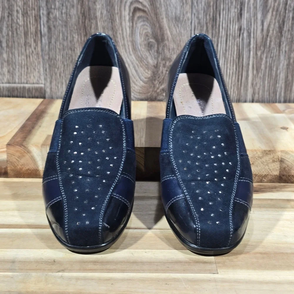 Soft Space Collection Women's Wedge Loafers Blue Suede Patent Size 35 EU Comfort